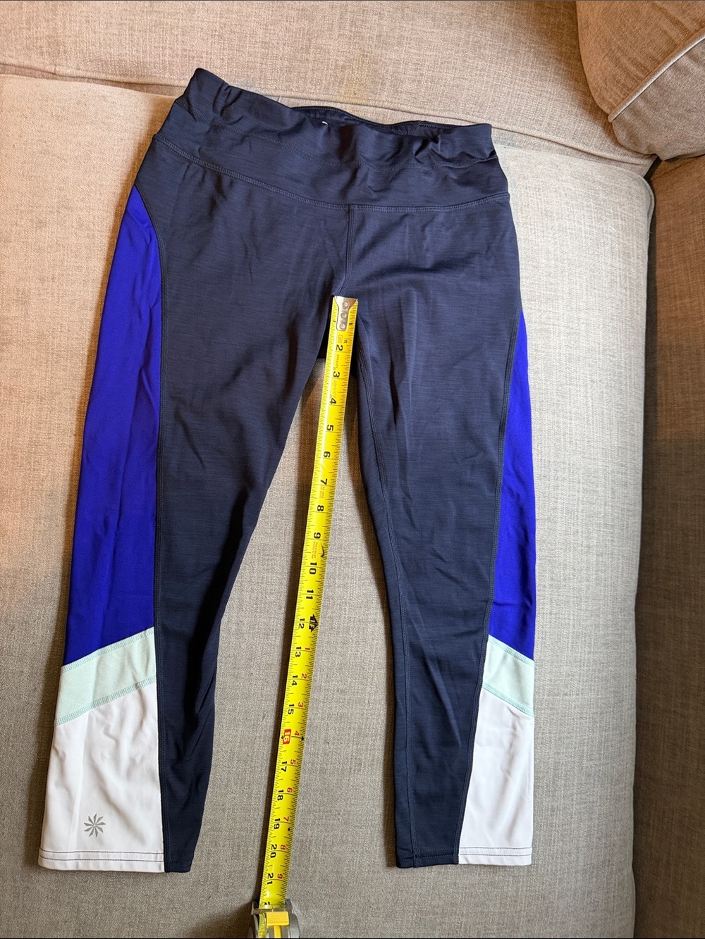 Athleta Navy Leggings with Royal Blue and White Colorblock Panels